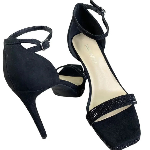 Nine West Rhinestone Suede Stiletto Platform Heels Strap Sandals  Size 6M Black - Picture 1 of 15